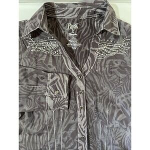 Wrangler‎ Rock 47 Small Western Button-Up Sheer Purple Print Silver embroidery,